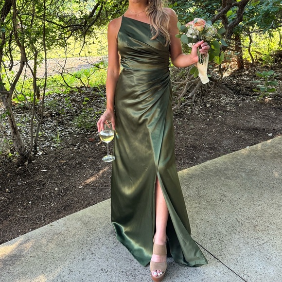 David’sBridal. Martini Olive. one shoulder dress. Size 2. No alt. - Picture 2 of 5